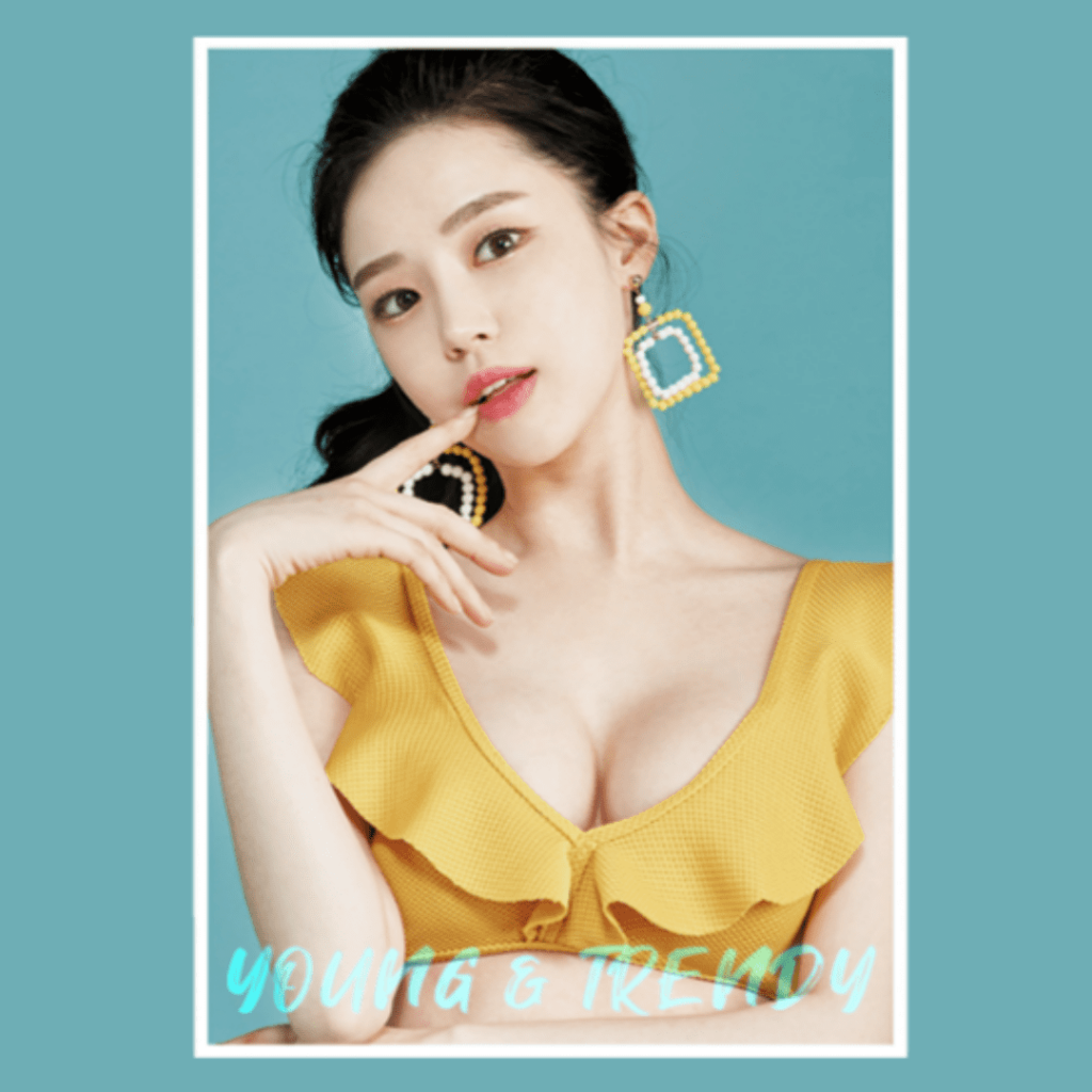 Woman wearing yellow top and large earrings with text saying Young & Trendy