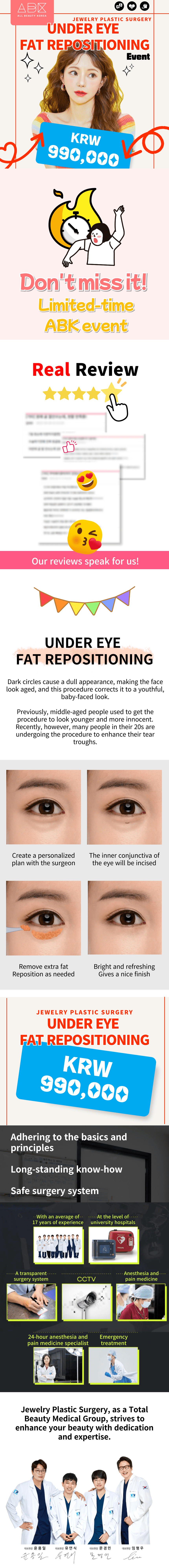 Promotional image for under eye fat repositioning featuring real customer reviews, before and after treatment photos, and a special limited-time event _image from ABK