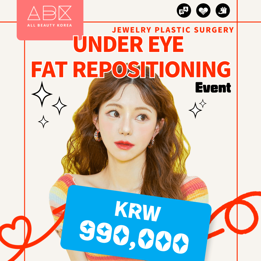 Promotional poster for 'Jewelry Plastic Surgery' showcasing an 'Under Eye Fat Repositioning Event.' The poster features a woman with long, wavy hair looking to the side. The price of the procedure is prominently displayed as 'KRW 990,000' in bold, white text on a blue background. The poster includes the All Beauty Korea (ABK) logo, decorative sparkles, and ribbon elements. _image from ABK