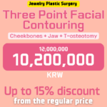 Jewelry Plastic Surgery Three Point Facial Contouring advertisement showing a discount price of 10,200,000 KRW, highlighting cheekbones, jaw, and T-osteotomy.