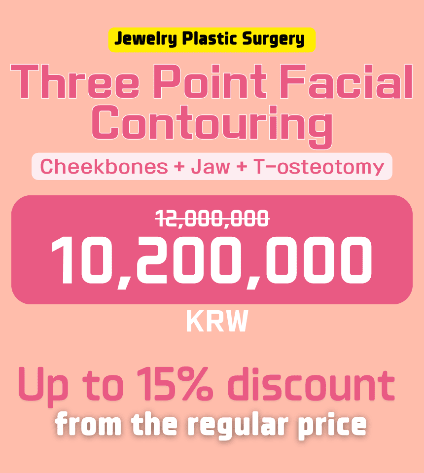 Jewelry Plastic Surgery Three Point Facial Contouring advertisement showing a discount price of 10,200,000 KRW, highlighting cheekbones, jaw, and T-osteotomy.