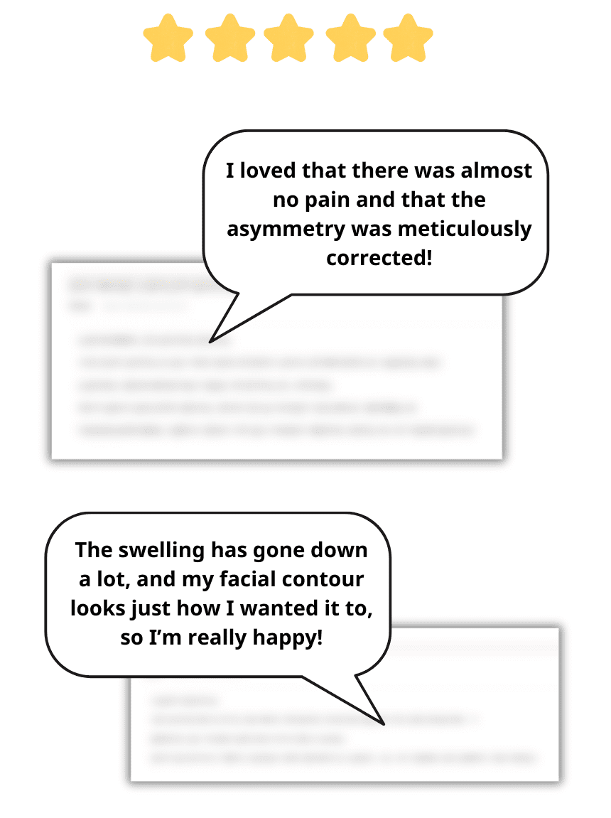 Testimonial graphic with a speech bubble stating satisfaction with the asymmetry correction and minimal swelling after the thread lift.